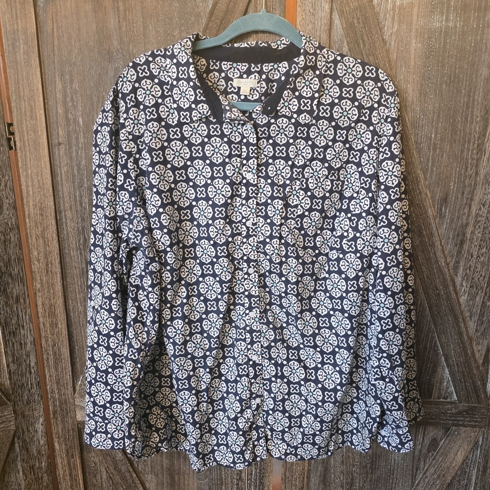 Talbots Shirt Women's Size 3X Blue White Teal Geometric Button Up Long Sleeve